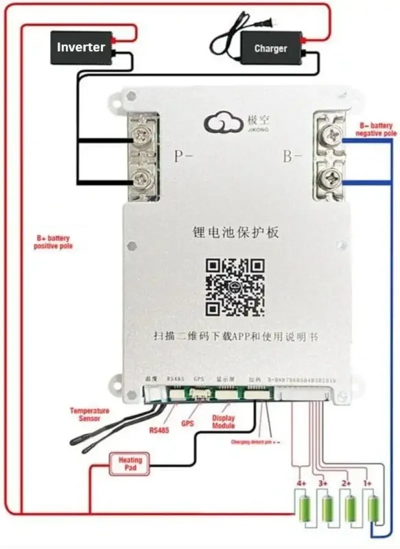 Плата BMS Jikong JK-BD4A17S4P Smart 7S-17S 40A(60A) з кнопкою активний балансир Bluetooth 